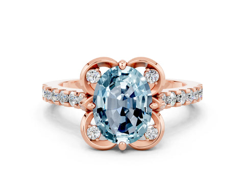 Rose gold Oval Cut Aquamarine Ring with Pavé Band and Floral Prong Setting