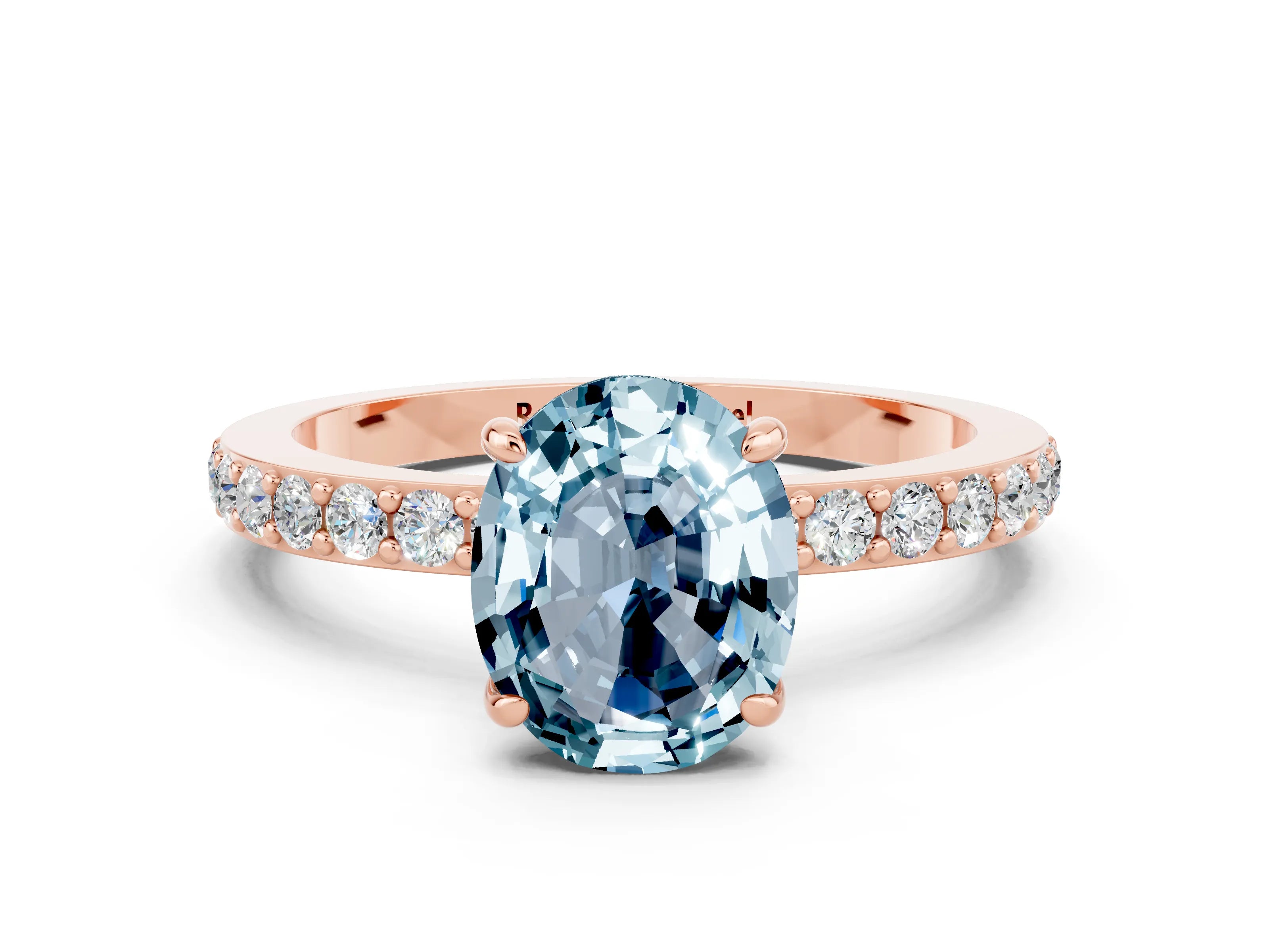 Rose gold Oval Cut Aquamarine Ring with Pavé Band and Four-Prong Setting