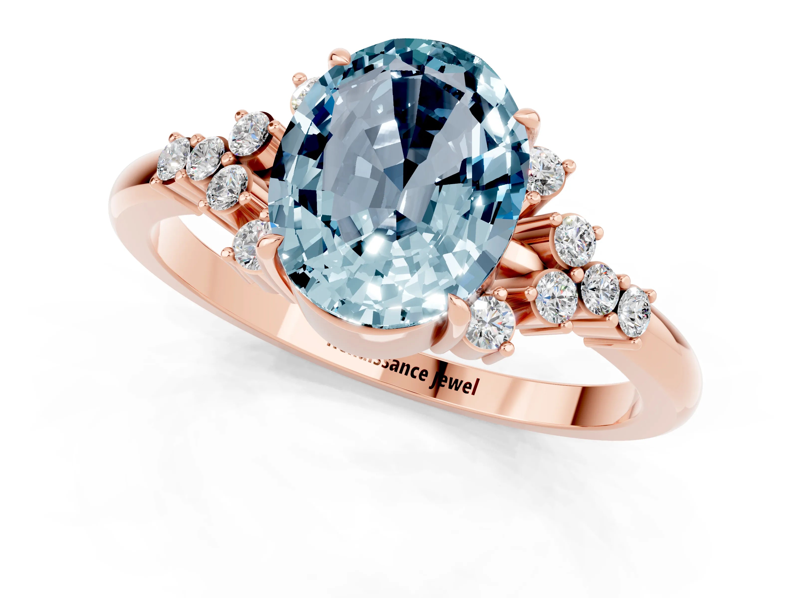 Rose gold Oval Cut Aquamarine Ring with Side Stones and Four-Prong Setting_73