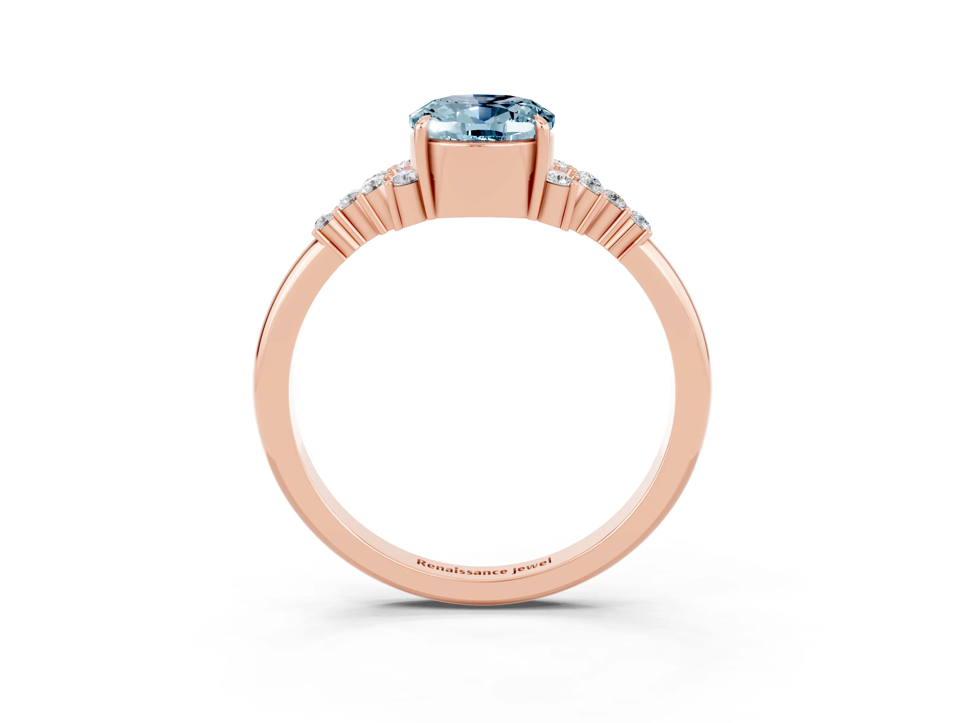 Rose gold Oval Cut Aquamarine Ring with Side Stones and Four-Prong Setting_75