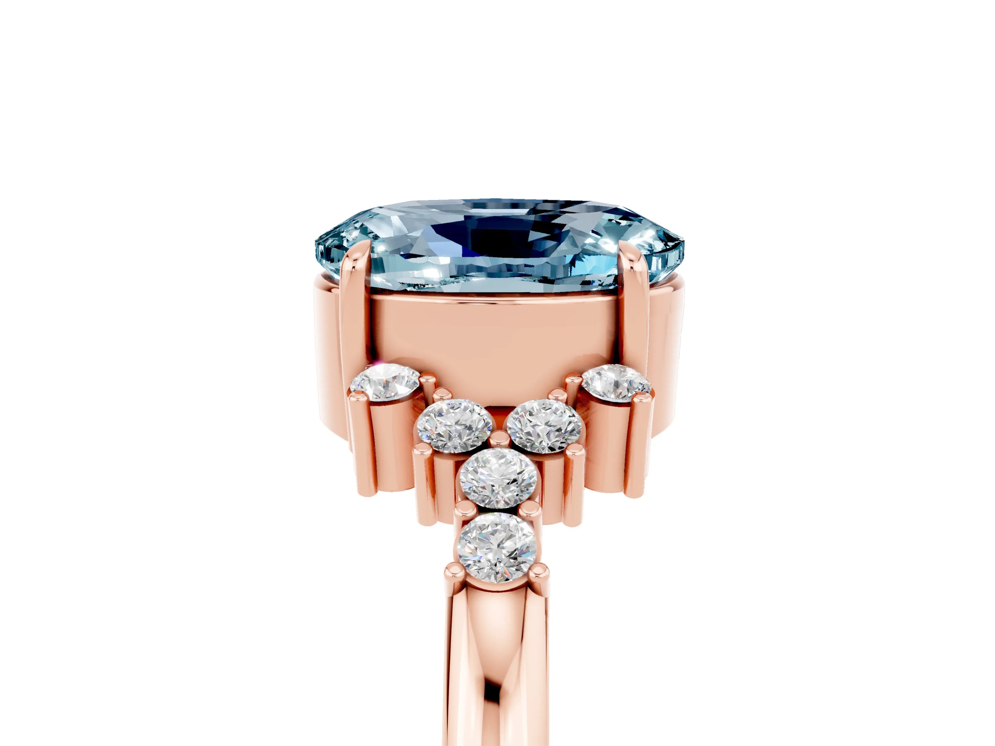 Rose gold Oval Cut Aquamarine Ring with Side Stones and Four-Prong Setting_77