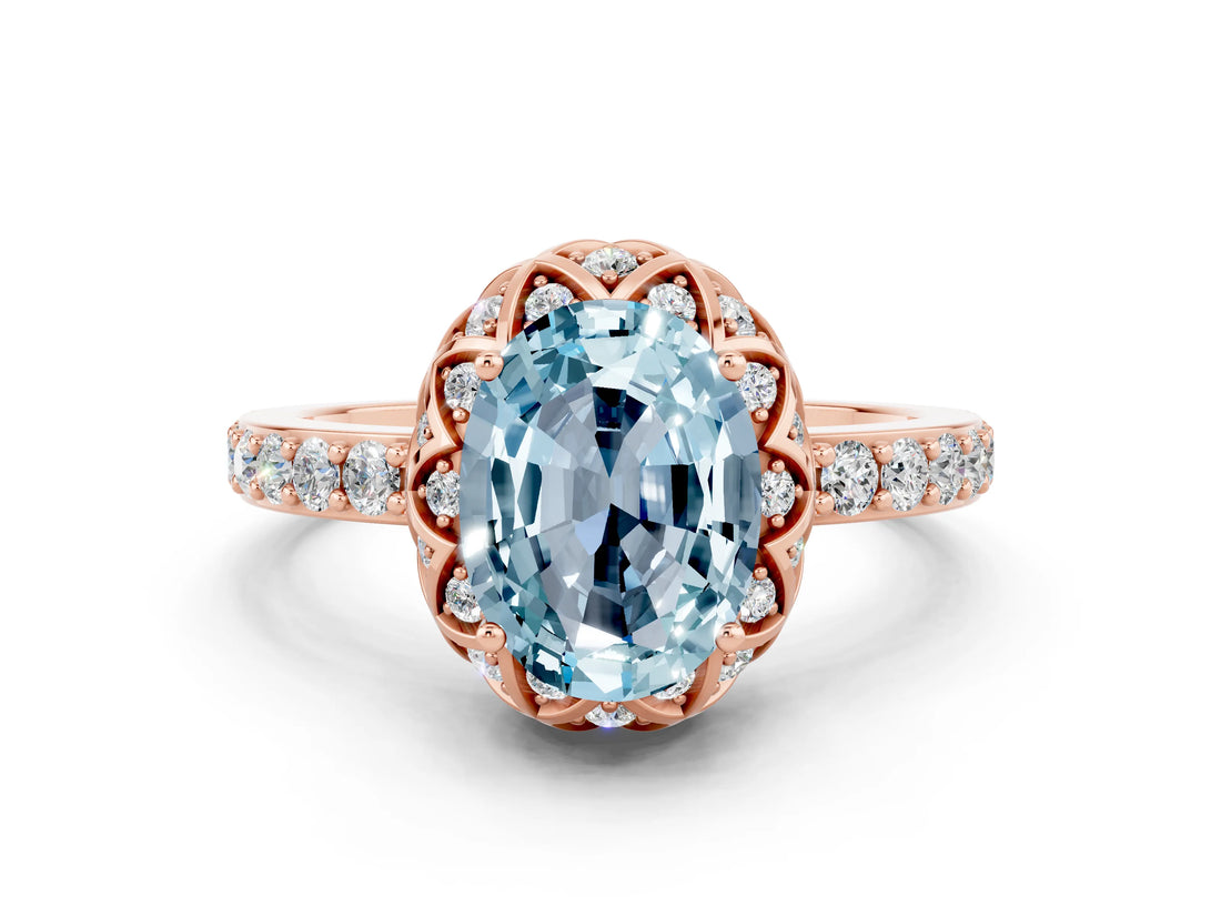 Rose gold Oval Cut Aquamarine Scalloped Halo Engagement Ring with Round Shared Prong Band_12