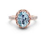 Rose gold Oval Cut Aquamarine Scalloped Halo Engagement Ring with Round Shared Prong Band_12