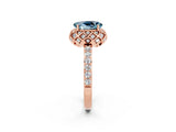 Rose gold Oval Cut Aquamarine Scalloped Halo Engagement Ring with Round Shared Prong Band_14