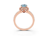 Rose gold Oval Cut Aquamarine Scalloped Halo Engagement Ring with Round Shared Prong Band_15