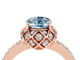Rose gold Oval Cut Aquamarine Scalloped Halo Engagement Ring with Round Shared Prong Band_16