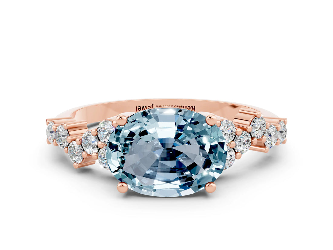 Rose gold Oval Cut Aquamarine Scattered Round Accent Ring with Prong Setting_12