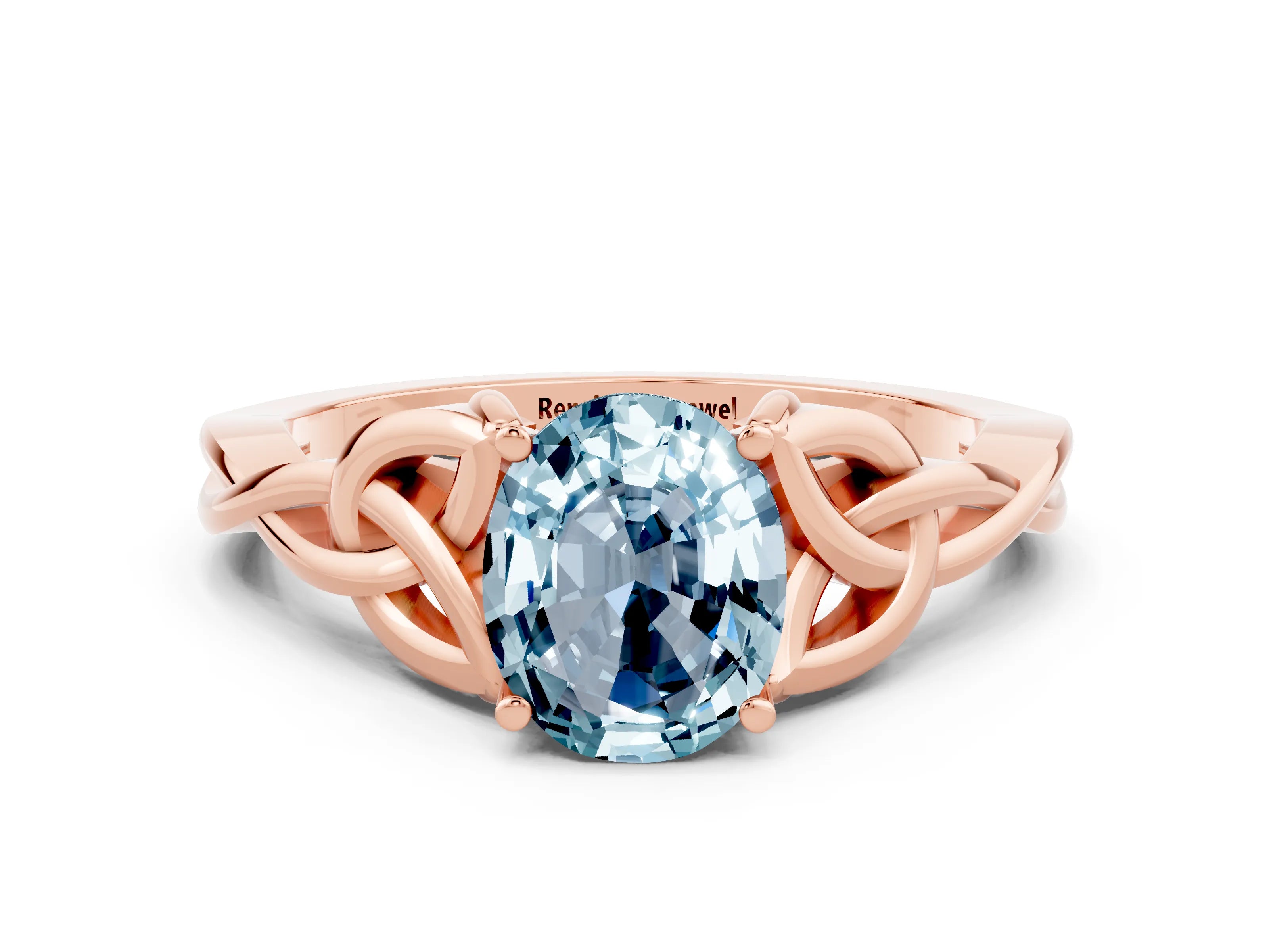 Rose gold Oval Cut Aquamarine Solitaire Engagement Ring with Celtic Knot Band and Four-Prong Setting