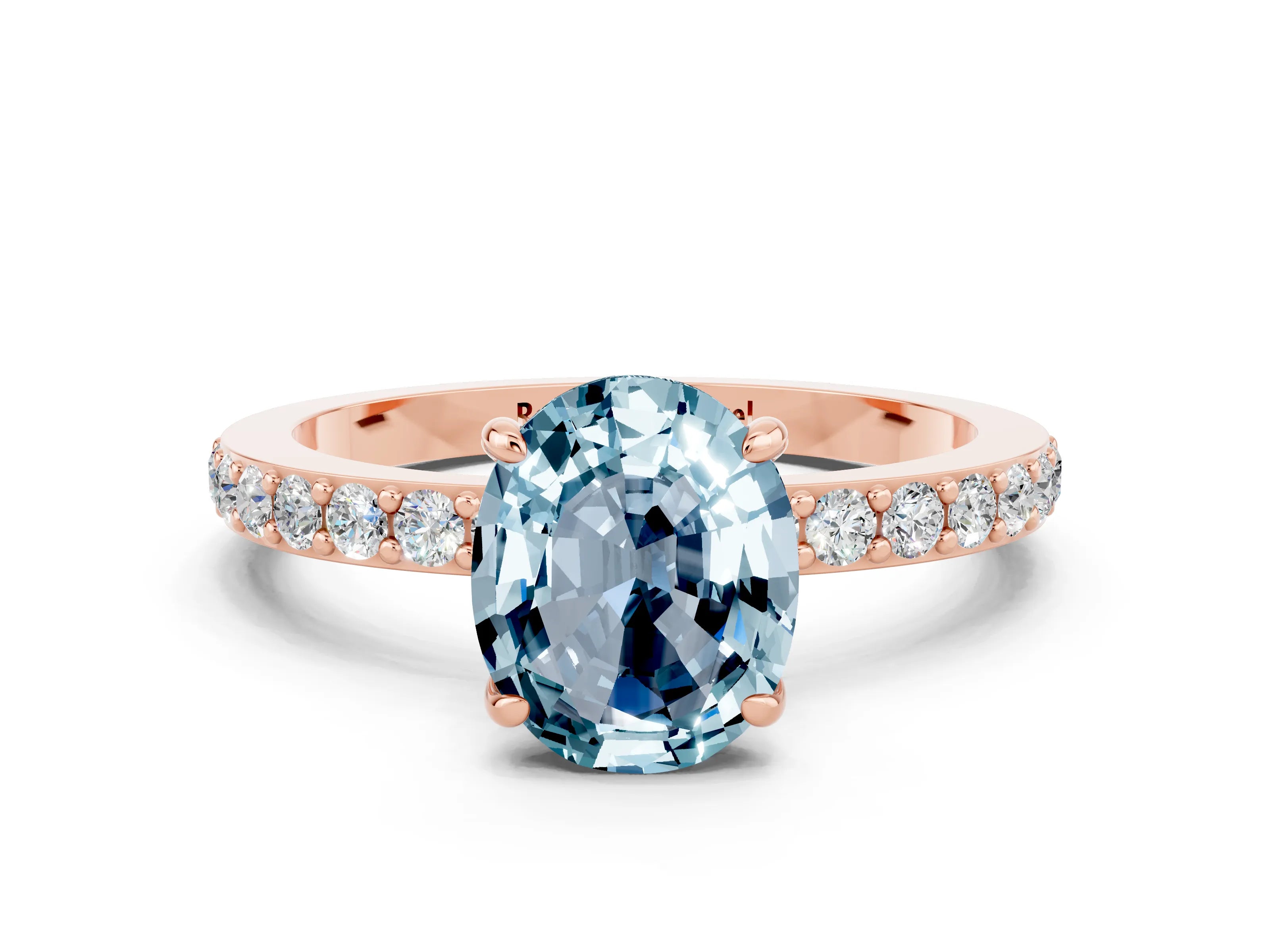 Rose gold Oval Cut Aquamarine Solitaire Engagement Ring with Pavé Band and Four-Prong Setting