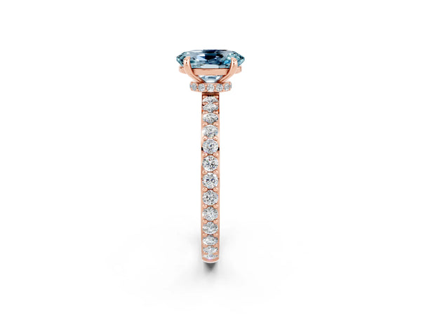 Rose gold Oval Cut Aquamarine Solitaire Engagement Ring with Pavé Band and Four-Prong Setting