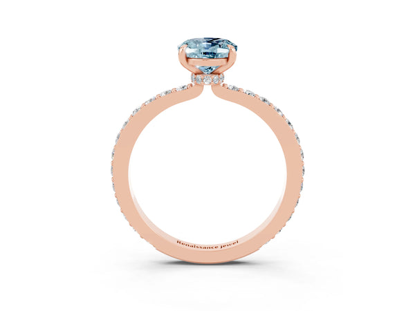 Rose gold Oval Cut Aquamarine Solitaire Engagement Ring with Pavé Band and Four-Prong Setting