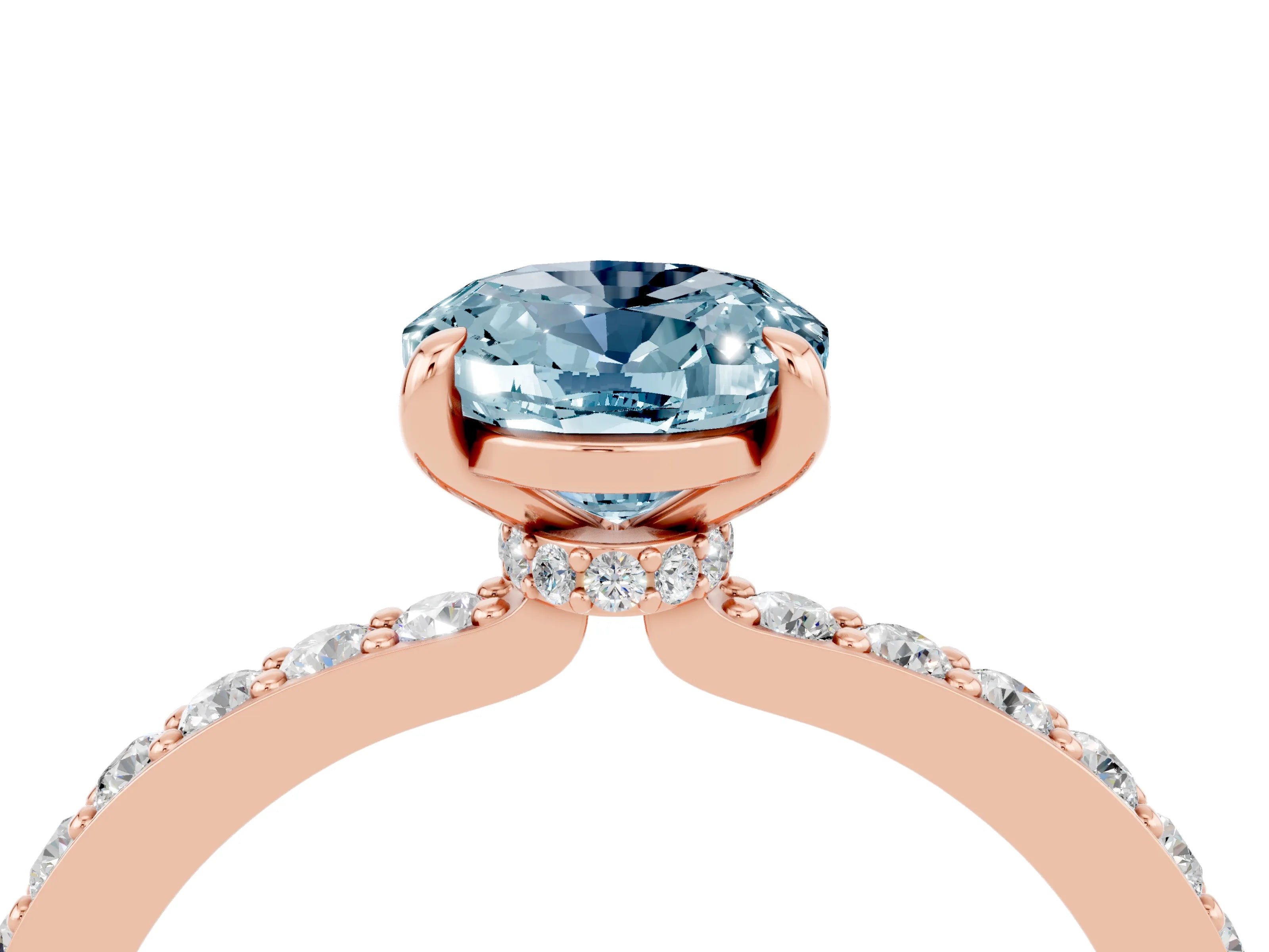 Rose gold Oval Cut Aquamarine Solitaire Engagement Ring with Pavé Band and Four-Prong Setting_4
