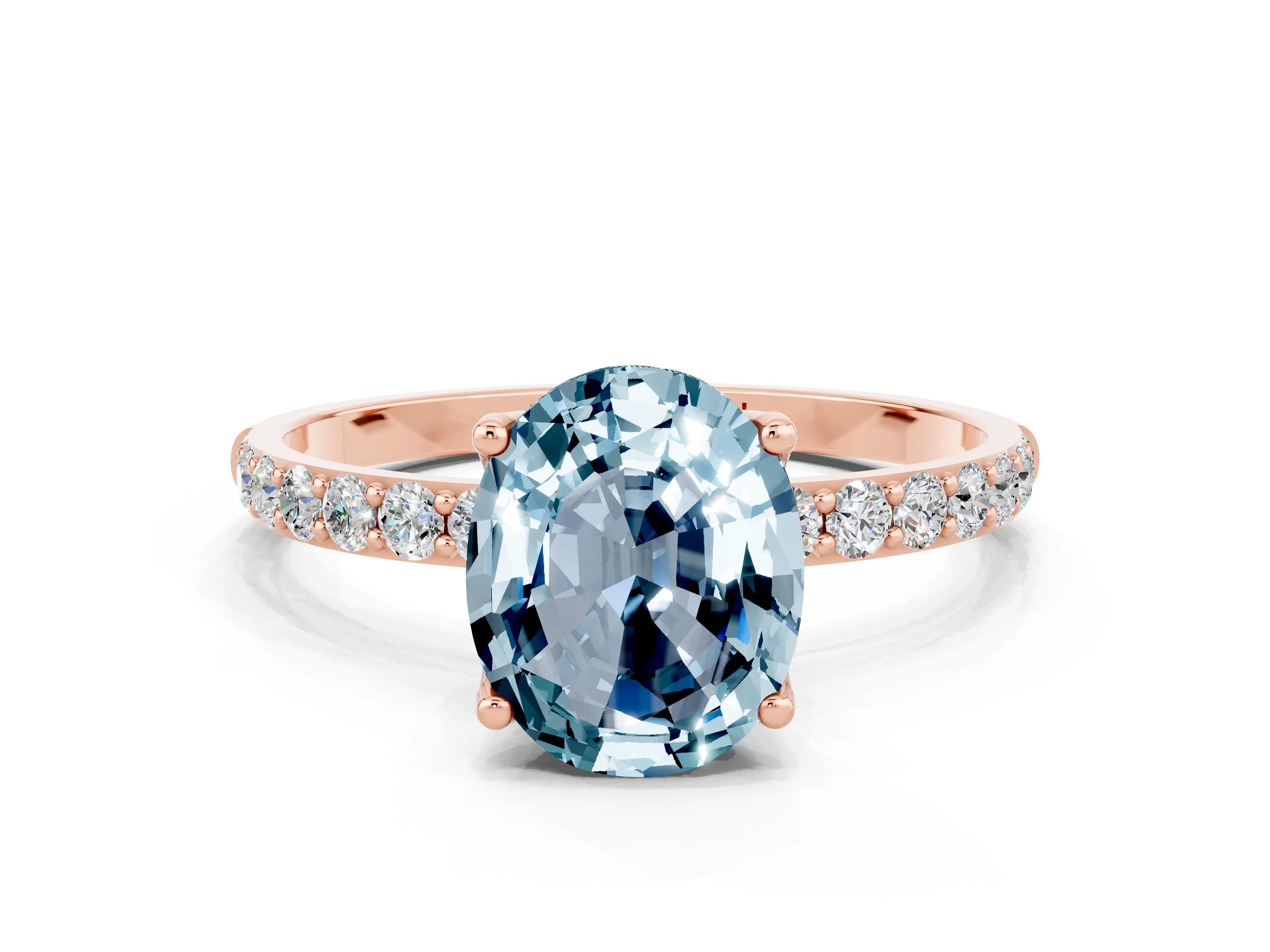 Rose gold Oval Cut Aquamarine Solitaire Engagement Ring with Pavé Band and Prong Setting