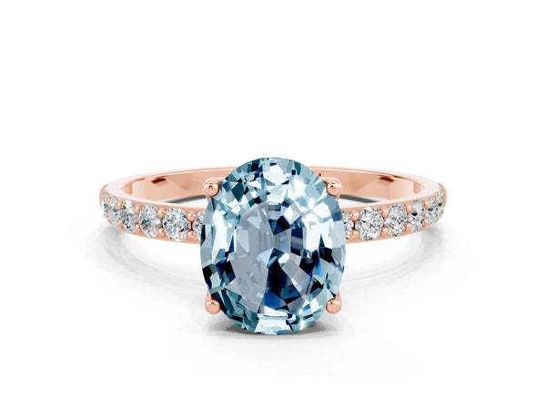 Rose gold Oval Cut Aquamarine Solitaire Engagement Ring with Round  Pavé Band and Prong Setting