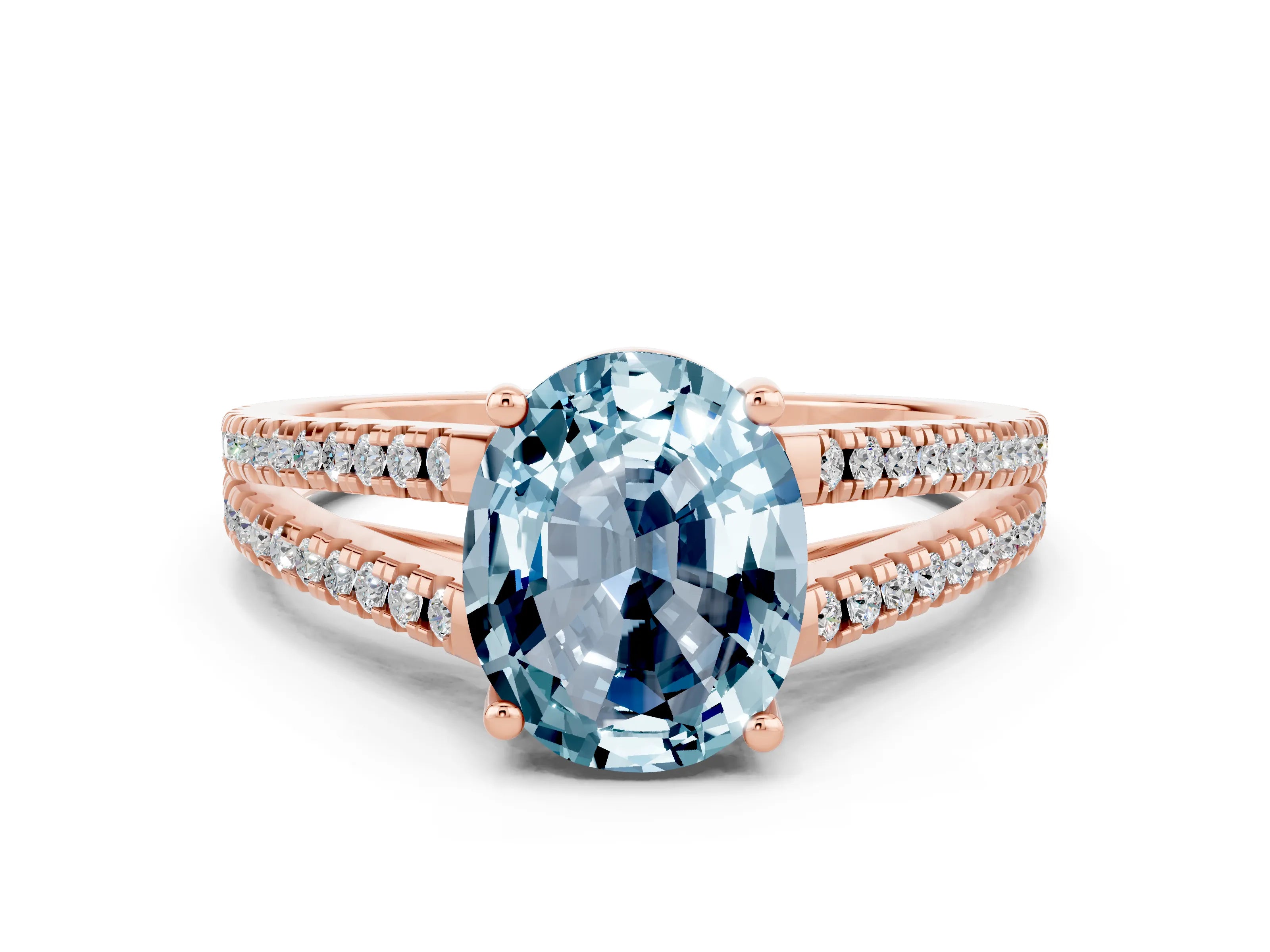 Rose gold Oval Cut Aquamarine Solitaire Engagement Ring with Split Shank Pavé Band