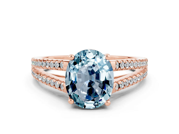 Rose gold Oval Cut Aquamarine Solitaire Engagement Ring with Split Shank Pavé Band