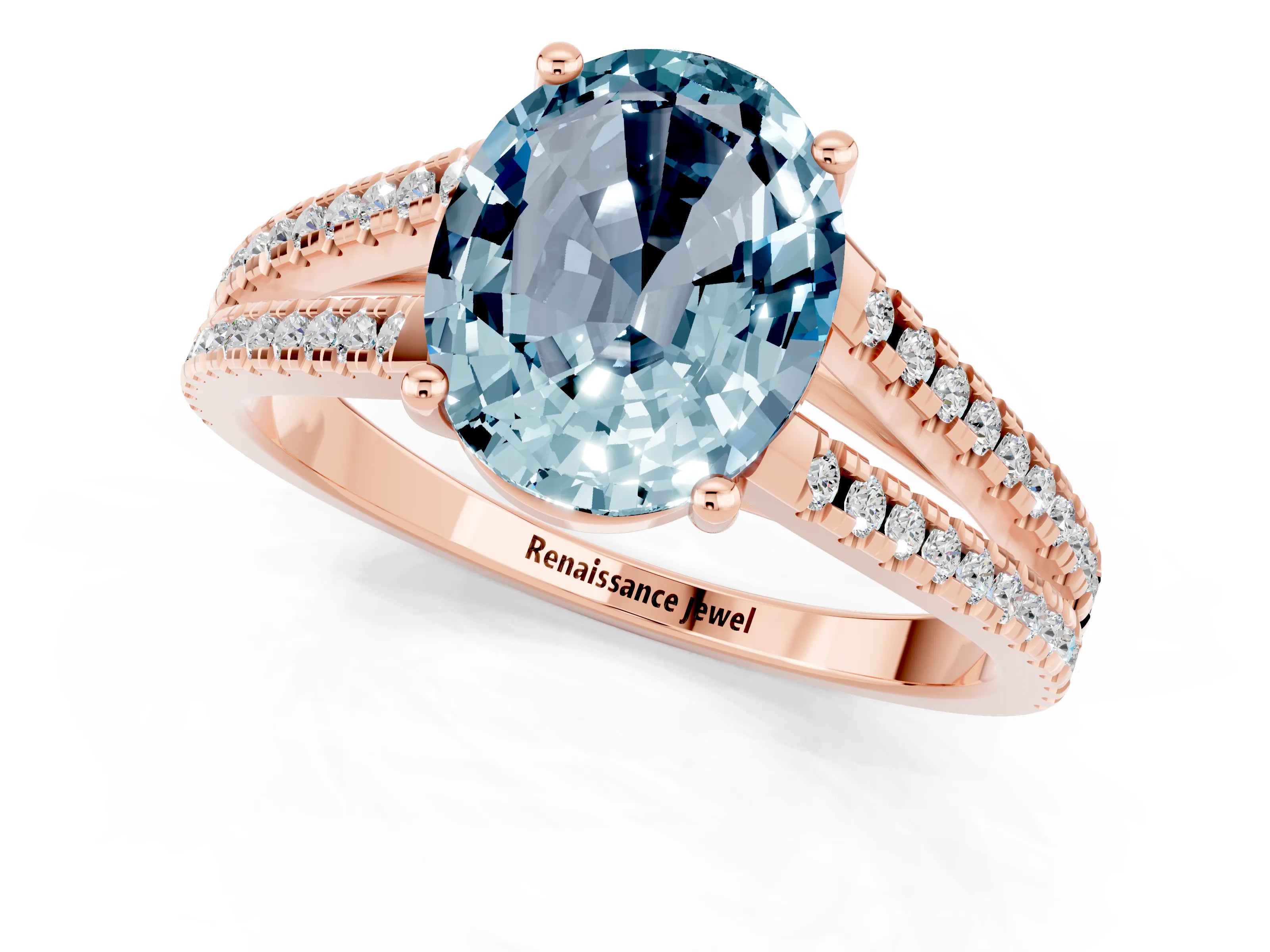Rose gold Oval Cut Aquamarine Solitaire Engagement Ring with Split Shank Pavé Band_1