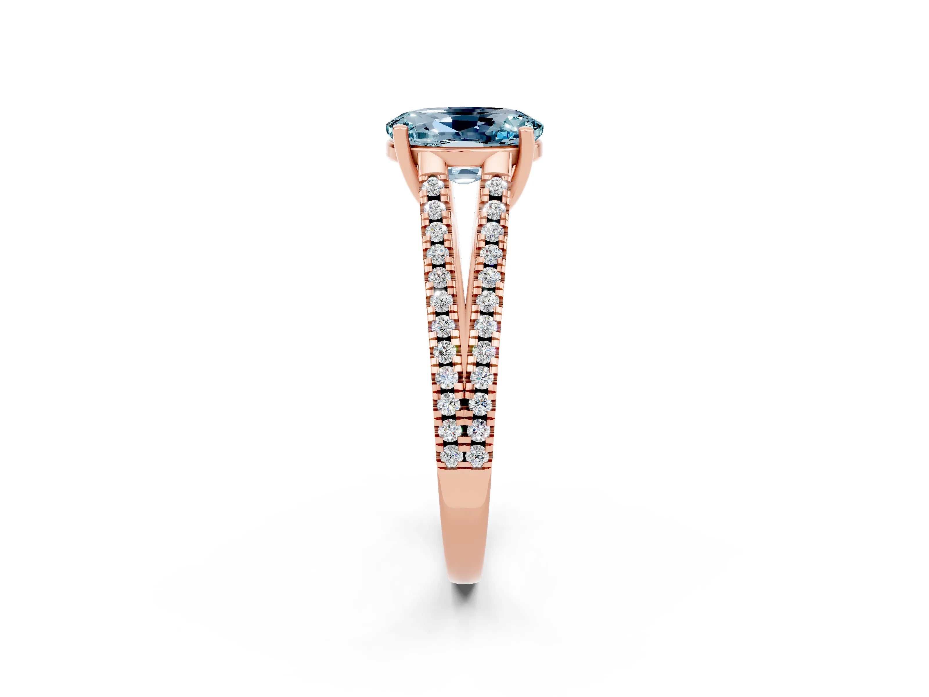 Rose gold Oval Cut Aquamarine Solitaire Engagement Ring with Split Shank Pavé Band_2