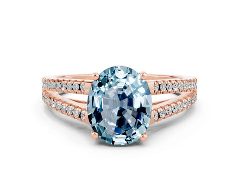 Rose gold Oval Cut Aquamarine Solitaire Engagement Ring with Split Shank Pavé Band