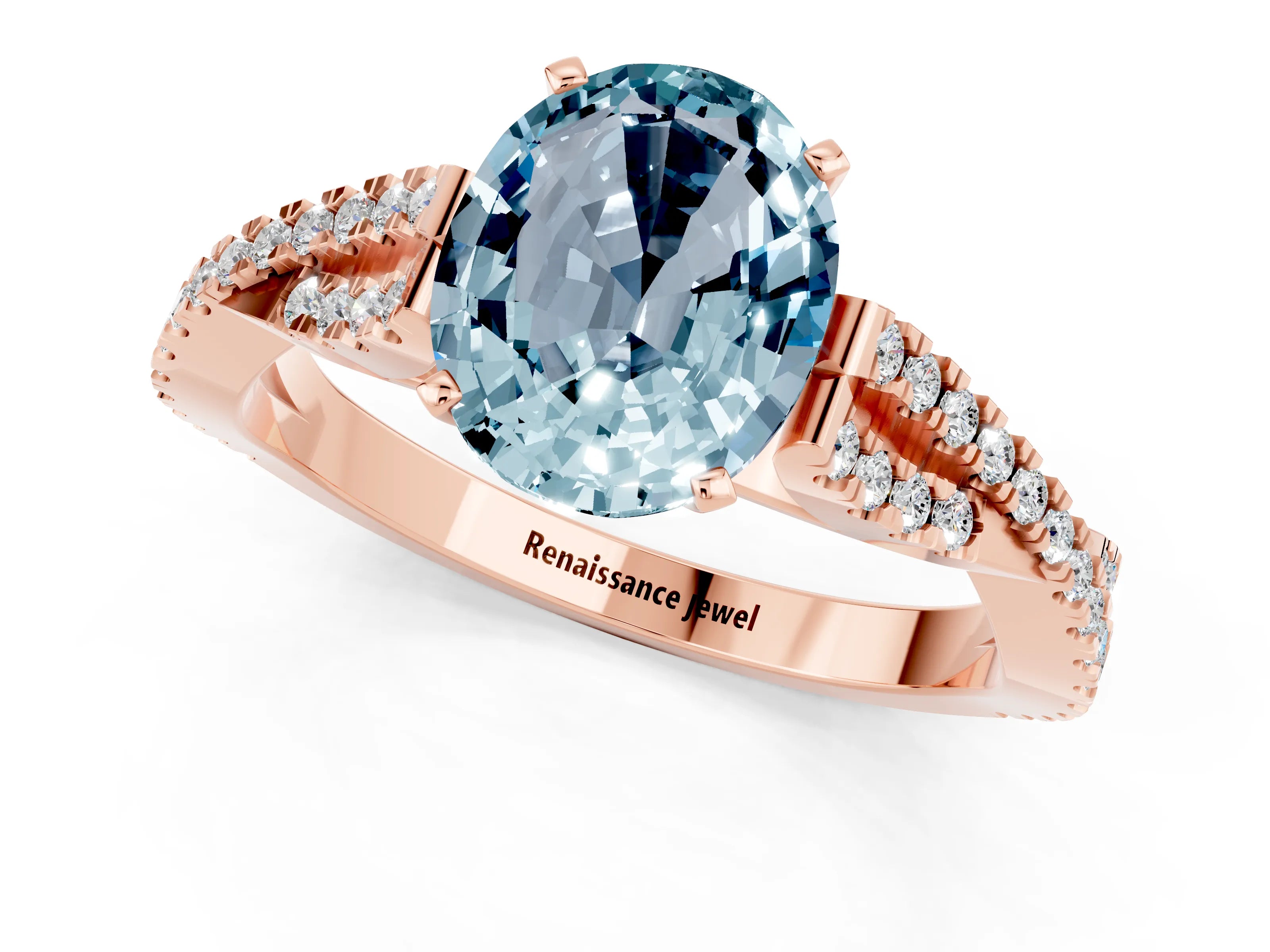 Rose gold Oval Cut Aquamarine Solitaire Engagement Ring with Twisted Pavé Band and Four-Prong Setting_1
