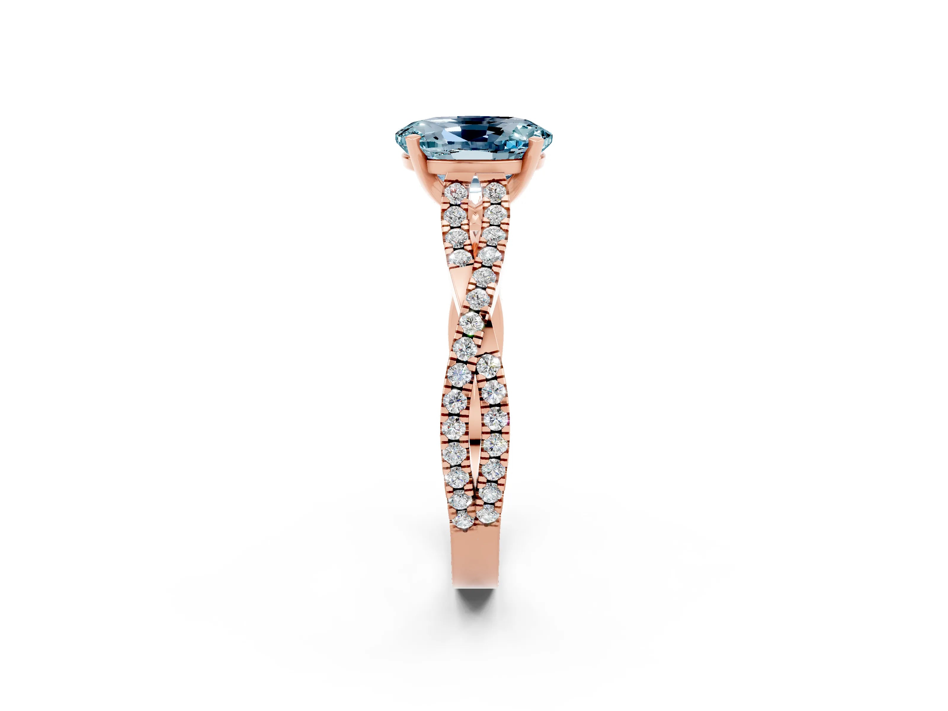 Rose gold Oval Cut Aquamarine Solitaire Engagement Ring with Twisted Pavé Band and Four-Prong Setting_2