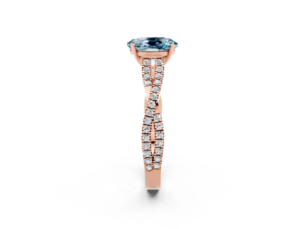 Rose gold Oval Cut Aquamarine Solitaire Engagement Ring with Twisted Pavé Band and Four-Prong Setting