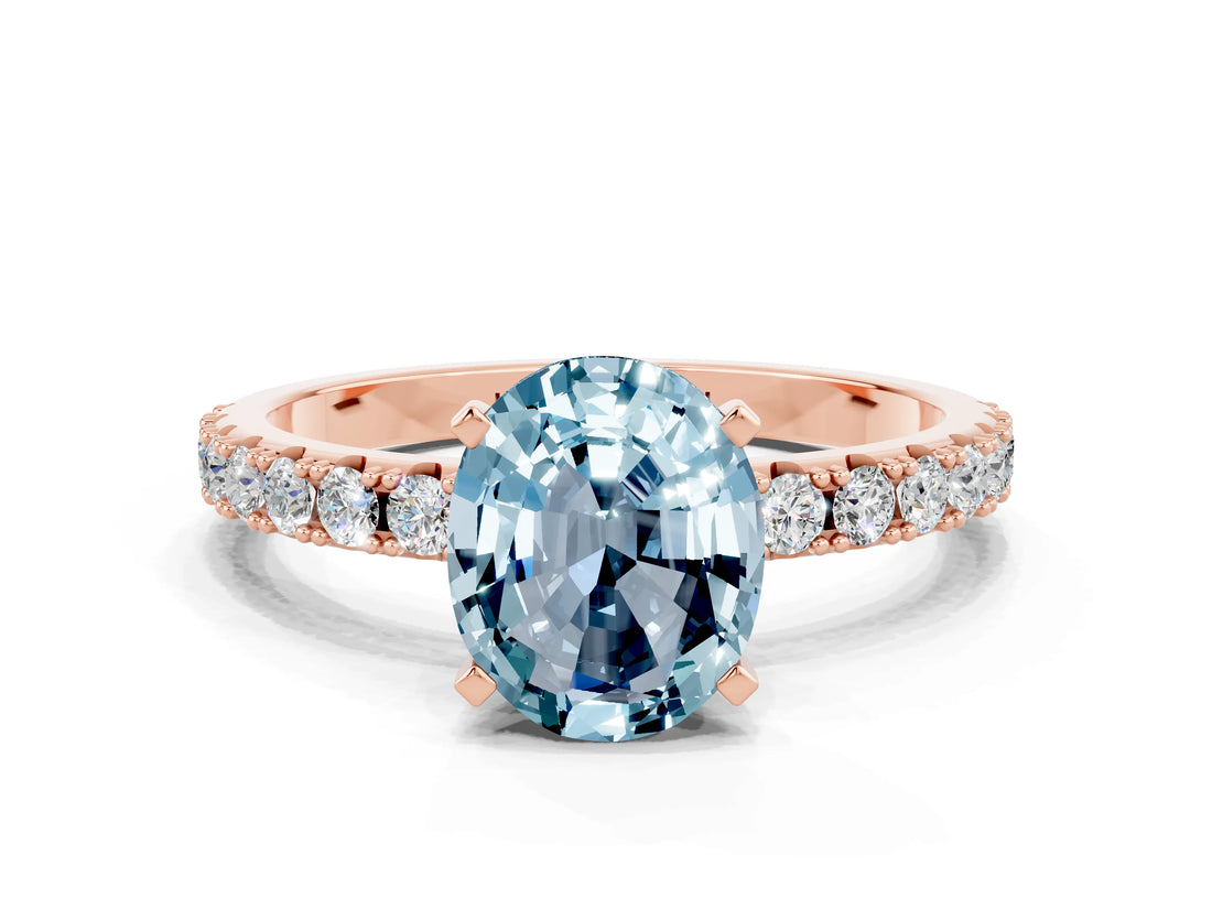 Rose gold Oval Cut Aquamarine Solitaire Pavé Band with Four-Prong Setting