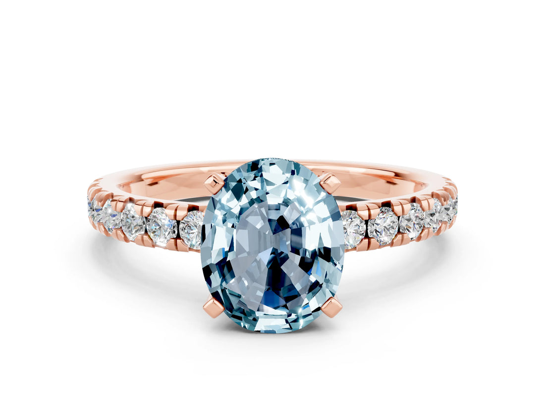 Rose gold Oval Cut Aquamarine Solitaire Pavé Engagement Ring with Round Band and Prong Setting_66