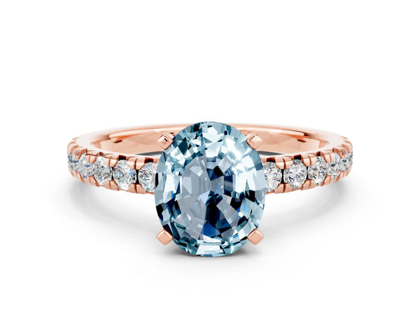 Rose gold Oval Cut Aquamarine Solitaire Pavé Engagement Ring with Round Band and Prong Setting