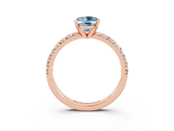 Rose gold Oval Cut Aquamarine Solitaire Pavé Engagement Ring with Round Band and Prong Setting