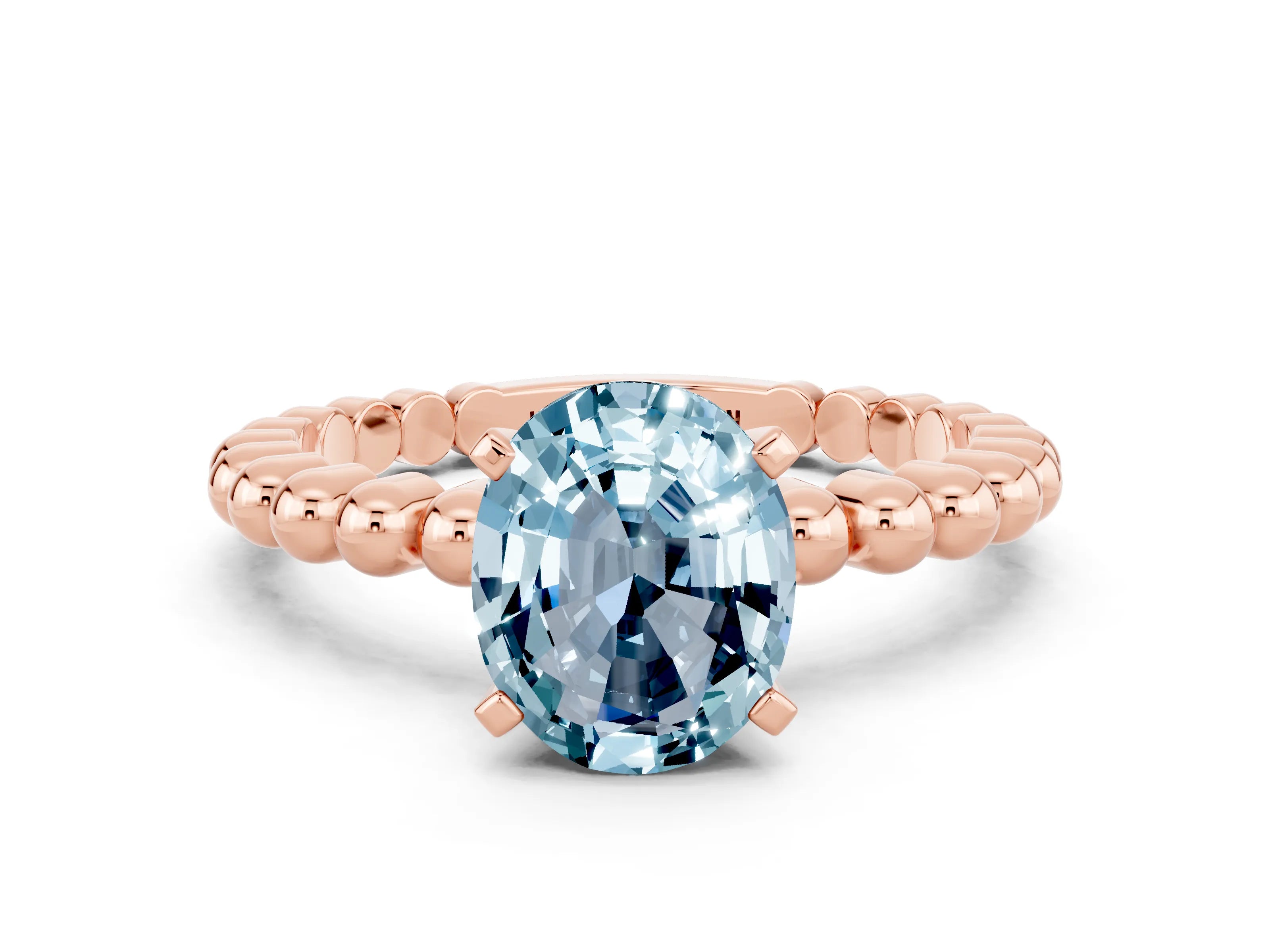 Rose gold Oval Cut Aquamarine Solitaire Ring with Beaded Band and Prong Setting