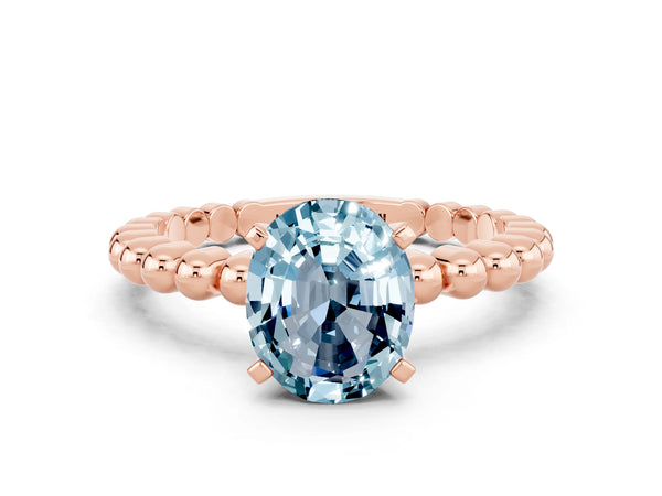 Rose gold Oval Cut Aquamarine Solitaire Ring with Beaded Band and Prong Setting