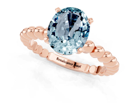 Rose gold Oval Cut Aquamarine Solitaire Ring with Beaded Band and Prong Setting_1