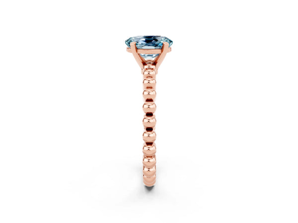 Rose gold Oval Cut Aquamarine Solitaire Ring with Beaded Band and Prong Setting