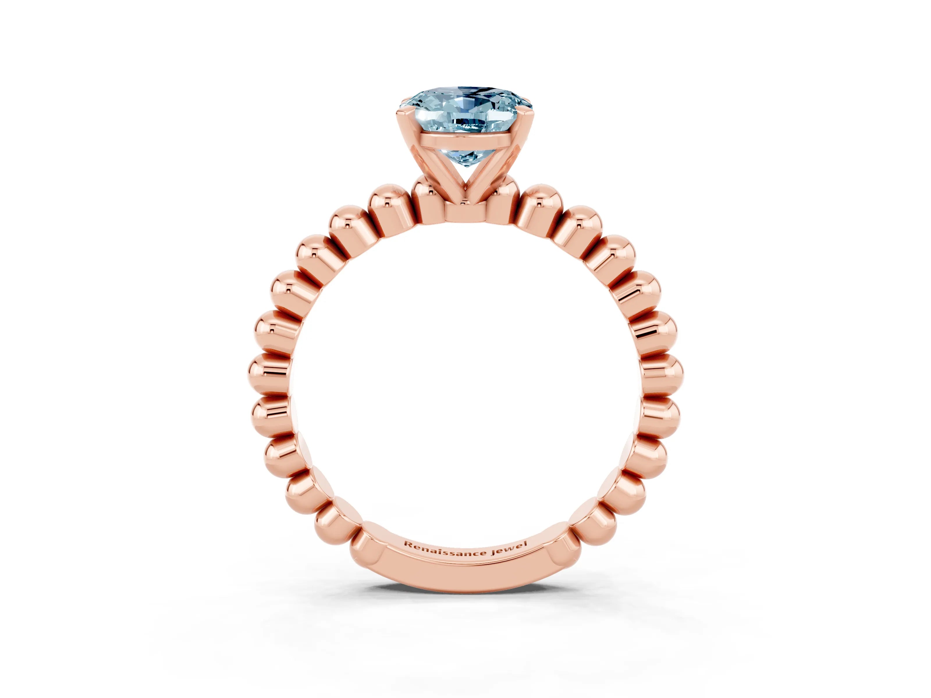 Rose gold Oval Cut Aquamarine Solitaire Ring with Beaded Band and Prong Setting_3