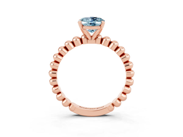 Rose gold Oval Cut Aquamarine Solitaire Ring with Beaded Band and Prong Setting