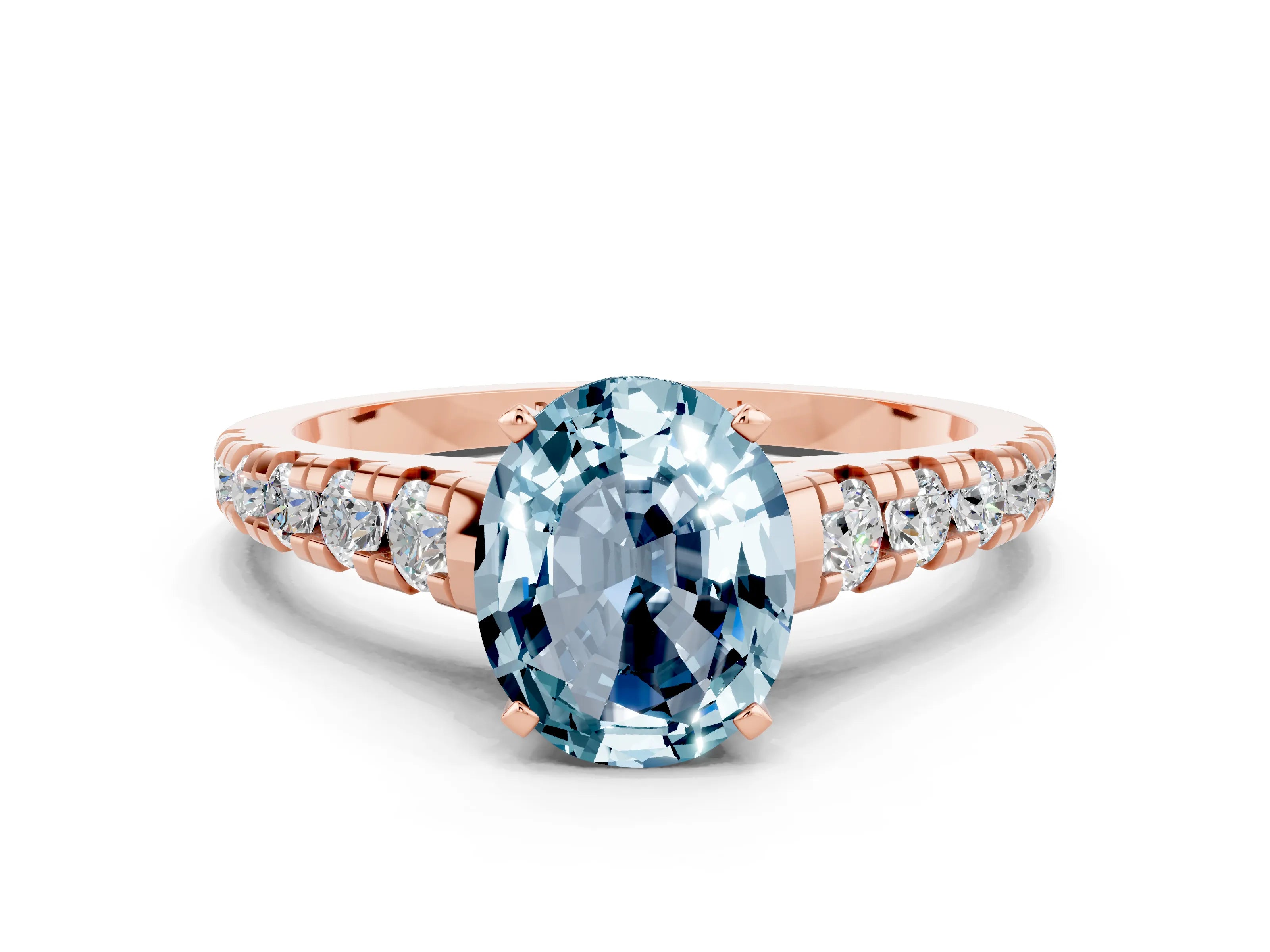 Rose gold Oval Cut Aquamarine Solitaire Ring with Cathedral Setting and Pavé Band