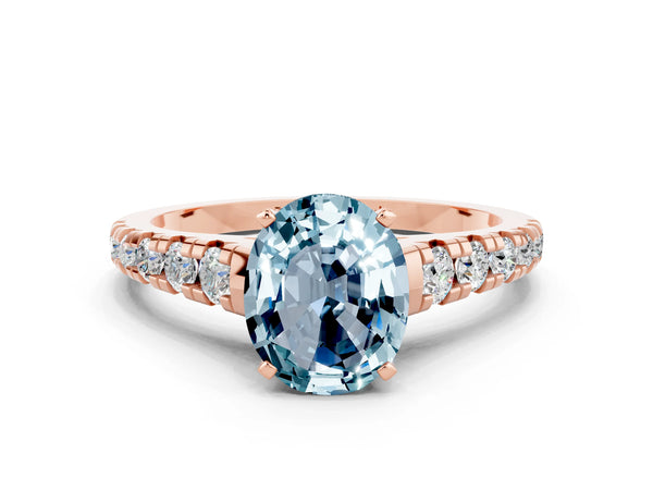Rose gold Oval Cut Aquamarine Cathedral Solitaire Ring with Round  Pavé Band