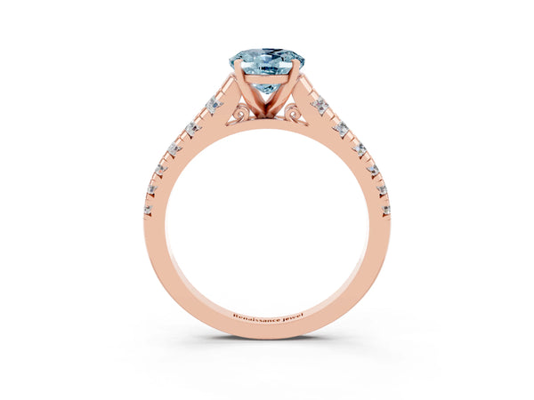Rose gold Oval Cut Aquamarine Cathedral Solitaire Ring with Round  Pavé Band