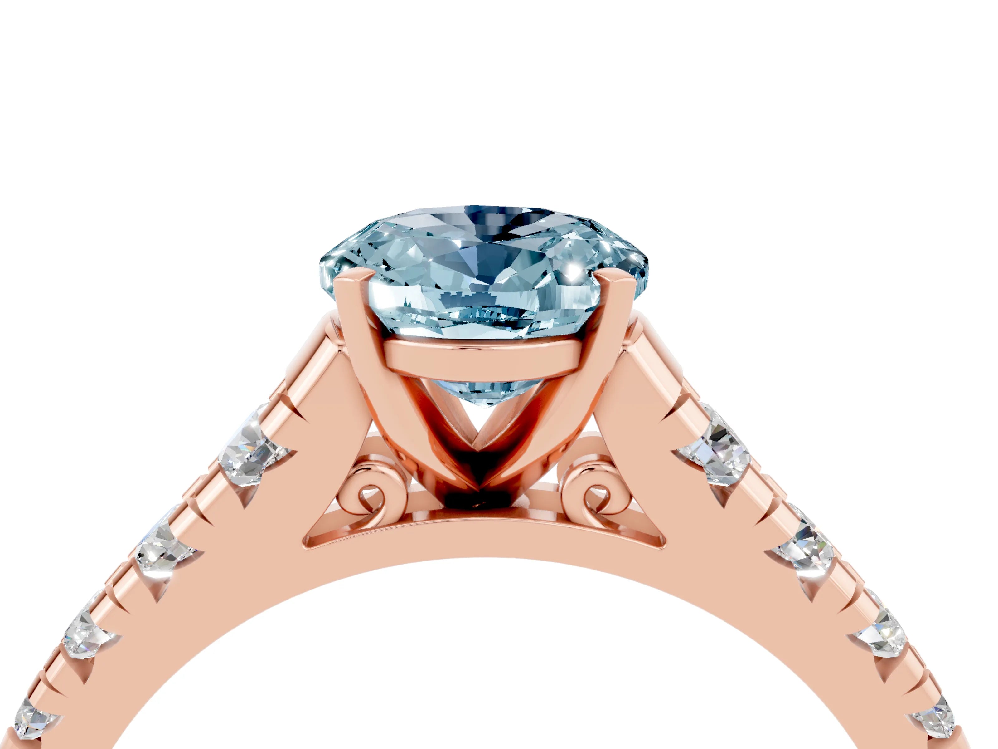 Rose gold Oval Cut Aquamarine Solitaire Ring with Cathedral Setting and Pavé Band_4