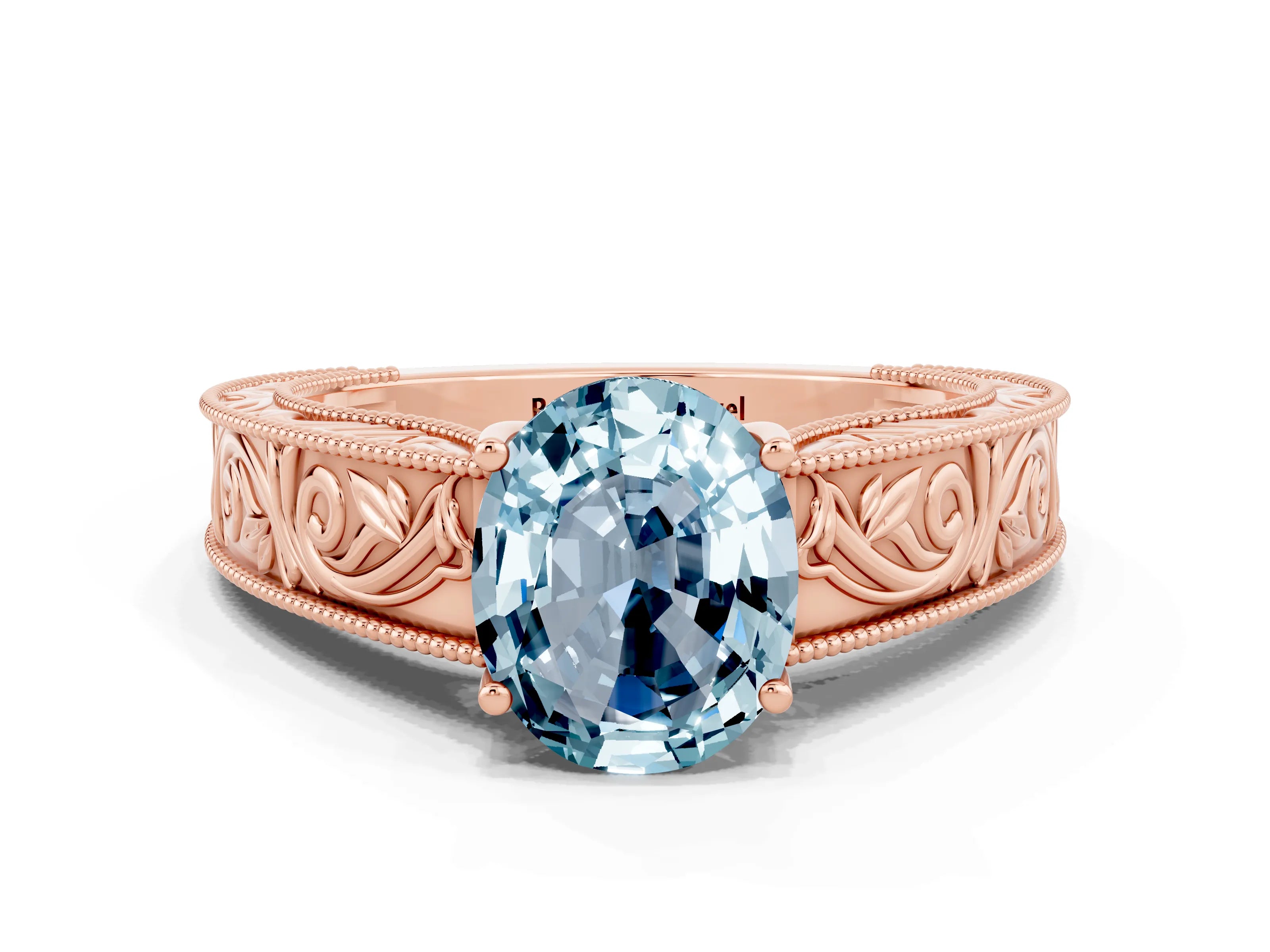Rose gold Oval Cut Aquamarine Solitaire Ring with Engraved Band and Four-Prong Setting