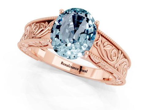Rose gold Oval Cut Aquamarine Solitaire Ring with Engraved Band and Four-Prong Setting_1