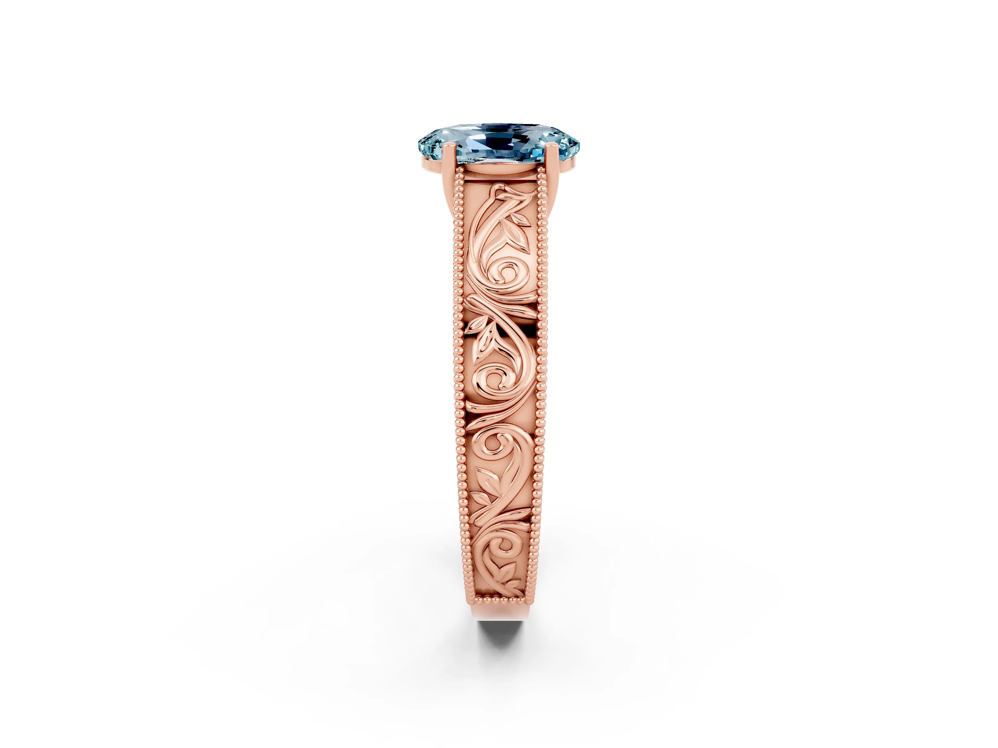 Rose gold Oval Cut Aquamarine Solitaire Ring with Engraved Band and Four-Prong Setting_2
