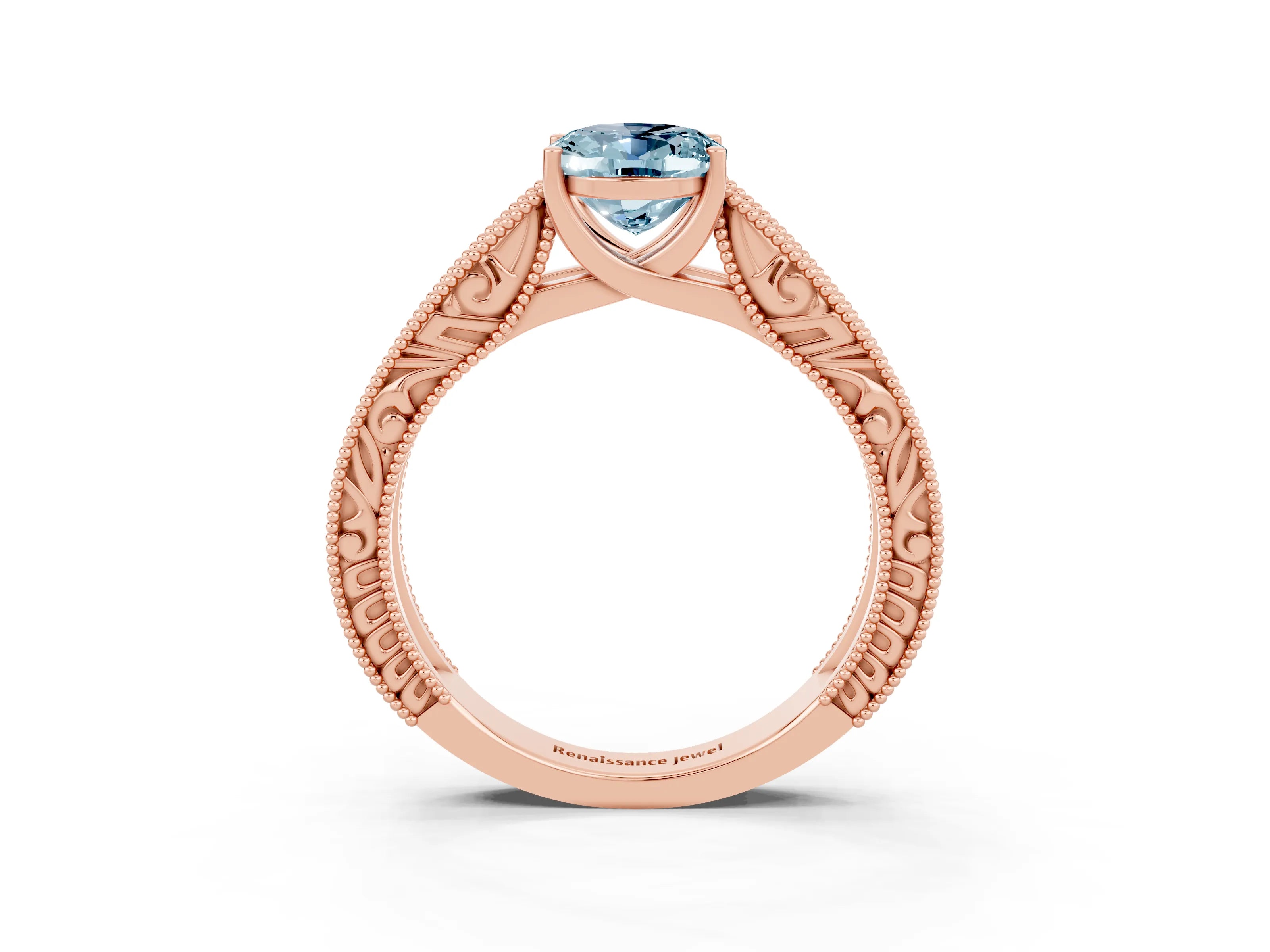 Rose gold Oval Cut Aquamarine Solitaire Ring with Engraved Band and Four-Prong Setting_3