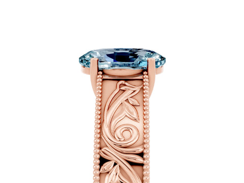 Rose gold Oval Cut Aquamarine Solitaire Ring with Engraved Band and Four-Prong Setting_5