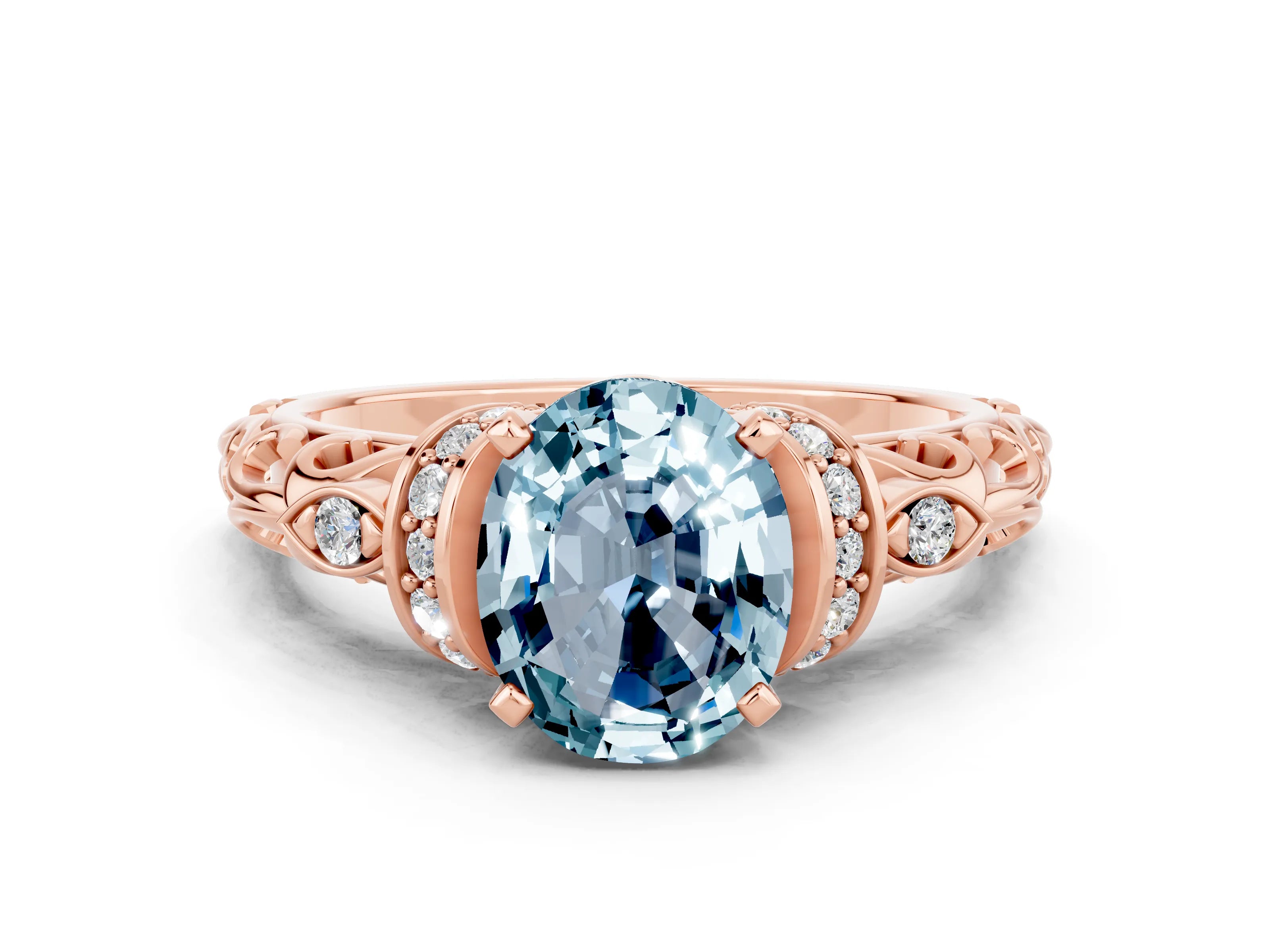 Rose gold Oval Cut Aquamarine Solitaire Ring with Filigree Band and Four-Prong Setting_24