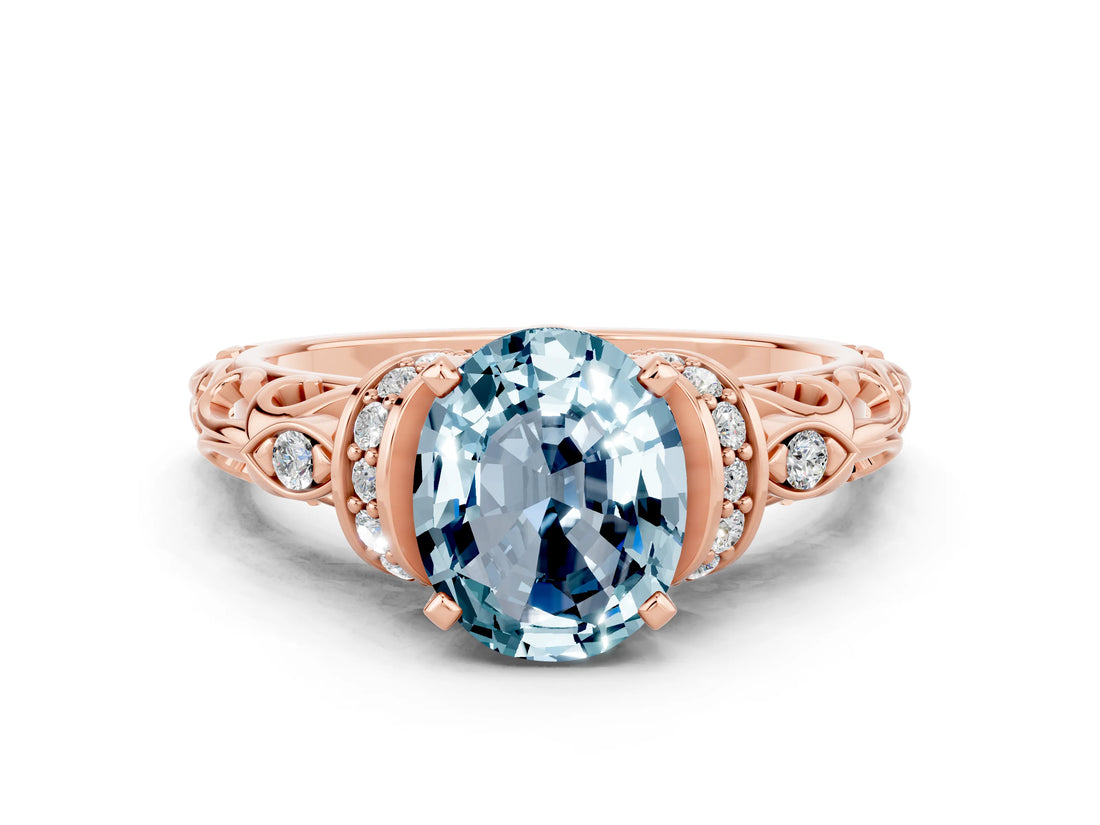 Rose gold Oval Cut Aquamarine Solitaire Ring with Filigree Band and Four-Prong Setting_24