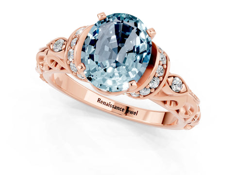 Rose gold Oval Cut Aquamarine Solitaire Ring with Filigree Band and Four-Prong Setting_25