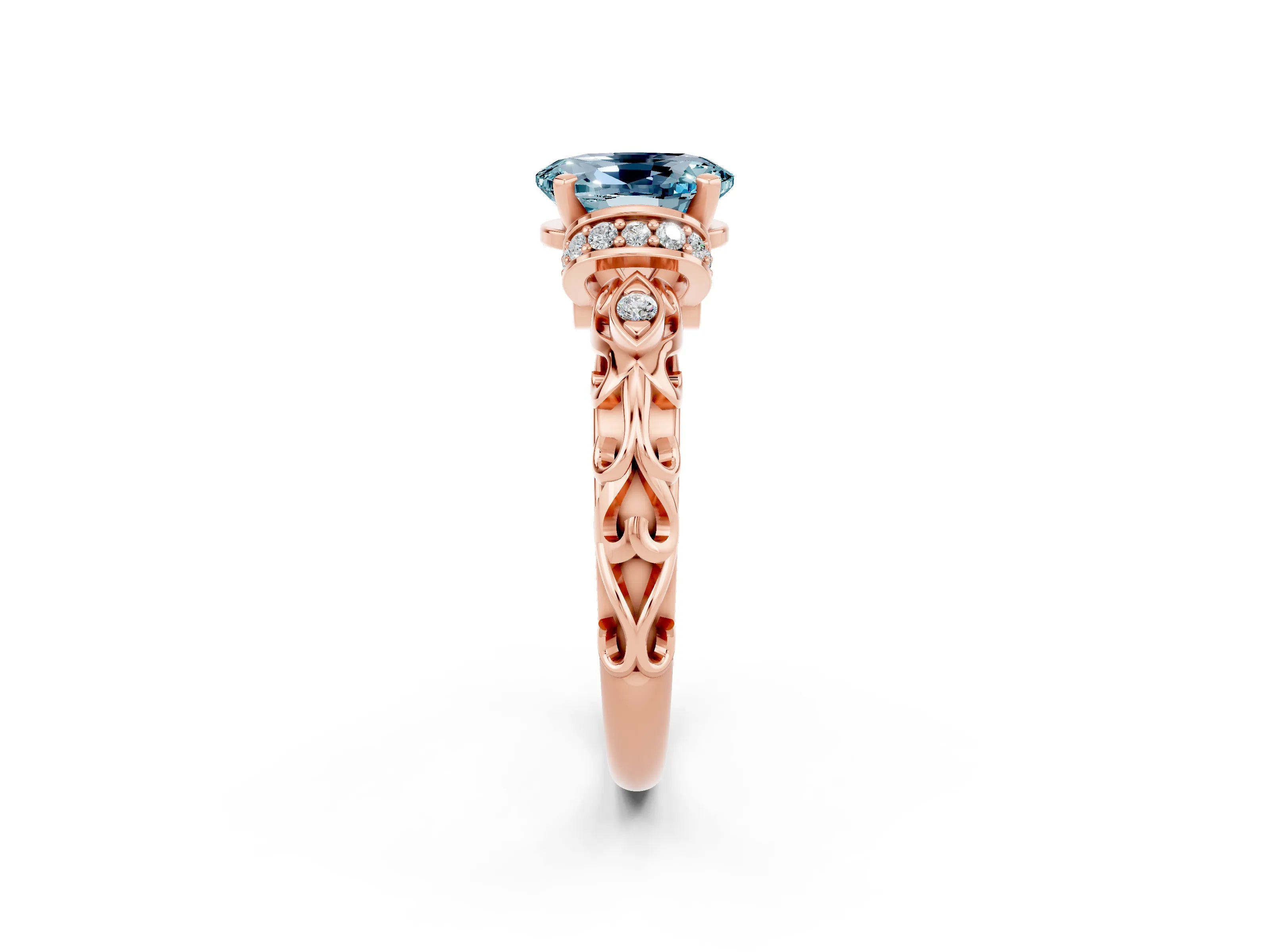 Rose gold Oval Cut Aquamarine Solitaire Ring with Filigree Band and Four-Prong Setting_26