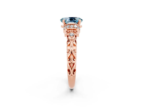 Rose gold Oval Cut Aquamarine Solitaire Ring with Filigree Band and Four-Prong Setting